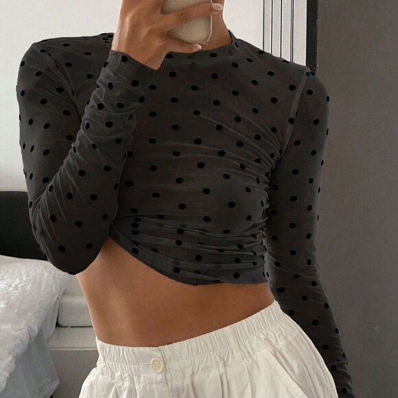 Black Casual Women's Polka Dot Fitted Crew Neck Long Sleeve Sheer Blouse - Picture 7 of 9